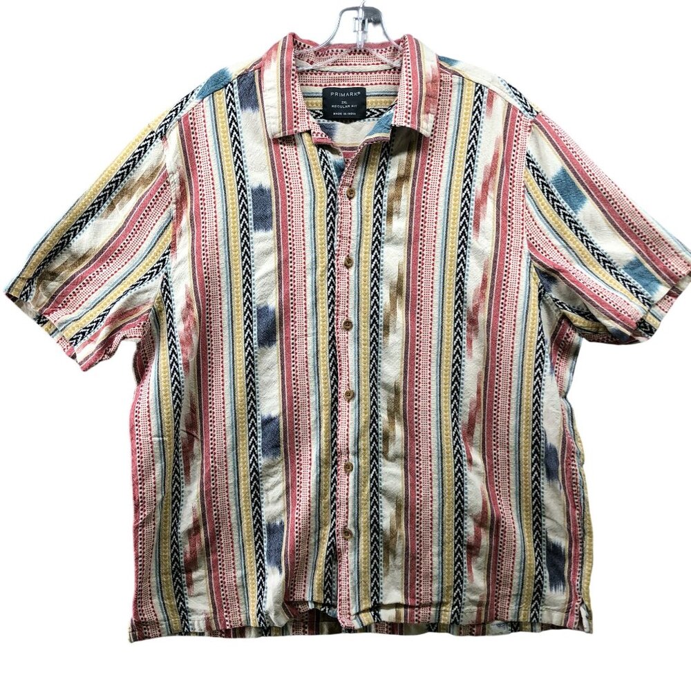 Primark Woven Shirt Mens 2XL Tribal Textured Beachy‎ Coastal Resort Short Sleeve